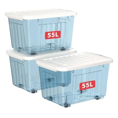Image of Cetomo 55L*3 Storage Boxes with Wheels, Plastic Box Lid, Latching Buckles, Click Closure, Stackable, Nesting, Durable Organizer for Home Office Clothes, Clear Blue, 55L 3 Pack