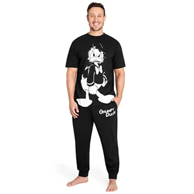 Image of Disney Mens Pyjamas Jack Skellington Donald Duck Grumpy Men&#039;s Nightwear Set T Shirt Long Bottoms PJs M 3XL Loungewear (Black Duck, 3XL)