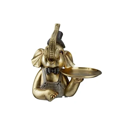 Image of GILDE Decorative Animal Figurine Sculpture Elephant with Cylinder Made of Resin Gold Height 29 cm