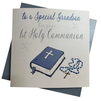 Image of To a Special Grandson on Your 1st Holy Communion card Hand finished Boys Blue Bible (N89GS)