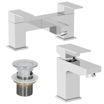 Image of Architeckt® Ibbardo Bathroom Bath Filler Mixer Tap and Basin with Waste Set Deck Mounted Square Twin Lever Handle Modern, Chrome