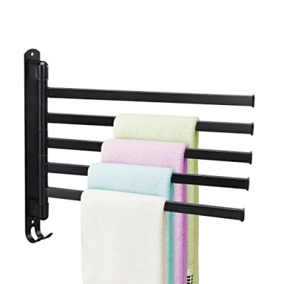 Image of Pcscevcr Swivel Towel Rail, Stainless Steel Wall Mounted Rack Holder with Hooks, Simple Bars, for Kitchen Bathroom Toilet(Black,5 Rail)