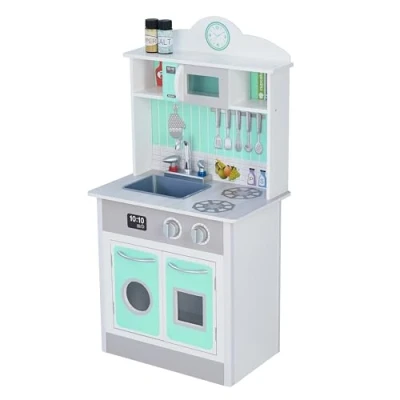 Image of Teamson Kids Little Chef Madrid Classic Interactive Wooden Play Kitchen with Sink, Oven, Microwave and Storage Space for Easy Clean Up, Grey Mint Accents