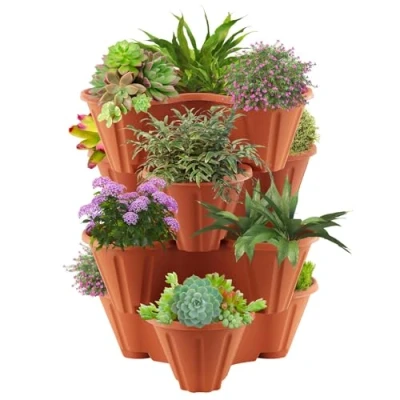 Image of GEEZY Stackable Triple Plastic Planter Garden Flower Pot Plants Strawberry Herb Holder Outdoor Usage, Brown (4 Planters)