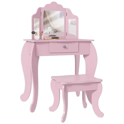 Image of HOMCOM Kids Vanity Table and Chair Set, Girls Set with Tri Folding Mirror Stool, Makeup Dressing Drawer, Pink