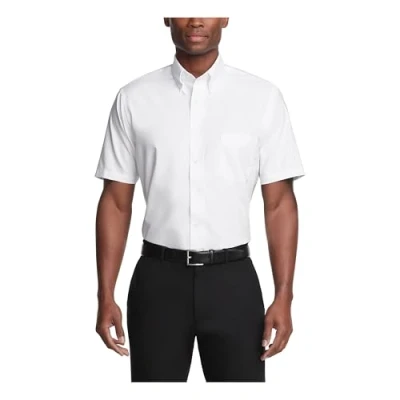 Image of Van Heusen Men&#039;s Short Sleeve Dress Shirt Regular Fit Oxford Solid, White, 16.5&quot; 17&quot; Neck