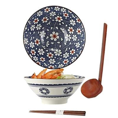 Image of Ramen Bowls, Bowl, Porcelain Japanese Bowl Set, Noodle Soup with Spoon, Chopsticks, Salad Bowls