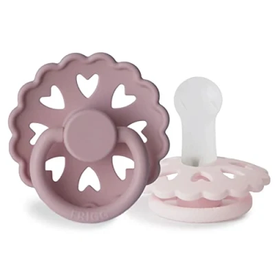 Image of FRIGG Fairytale Silicone Pacifier Pack of 2 Soother Dummy BPA Free Made in Denmark Symmetrical Cherry Shaped Nipple (Twilight Mauve/White Lilac (6 18 Months))