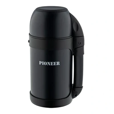 Image of Pioneer Outdoor Vacuum Insulated Flask, Leakproof Double Walled Stainless Steel 8 Hours Hot or Cold with Extendable Handle, Strap and Mug Black, 1 Litre