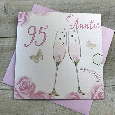 Image of Happy 95th Birthday Card Auntie Champagne Glasses Pink Roses by White Cotton Cards SS42 AIE95
