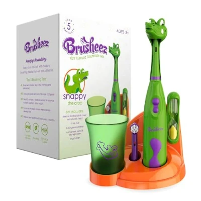 Image of Brusheez Kids’ Electric Toothbrush Set Safe &amp; Effective for Ages 3+ Parent Tested Approved with Gentle Bristles, 2 Brush Heads, Rinse Cup, Minute Timer, Storage Base (Snappy The Croc)