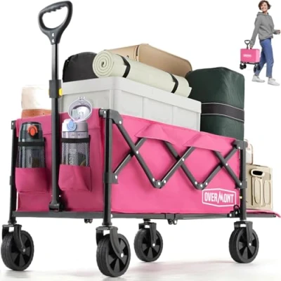 Image of Overmont 120L Festival Camping trolley on Removable wheels Pull Along Collapsible Wagon Cart with Adjustable Handle 220LBS/100kg Large Capacity for Beach Garden Picnic Shopping,Sports, pink