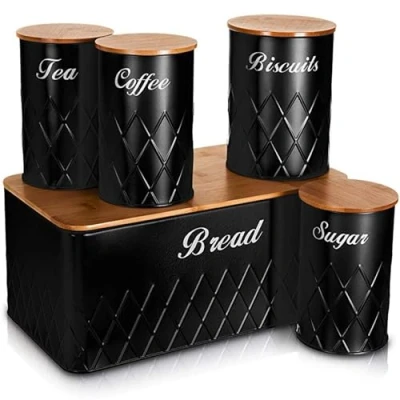 Image of NTEK 5pc Kitchen Storage Bamboo Lid Set Includes Tea, Coffee, Sugar, Bread and Biscuit Barrel Canister Jar &amp; Stylish Bin Diamond Embossed Design Matt Finish (BLACK)