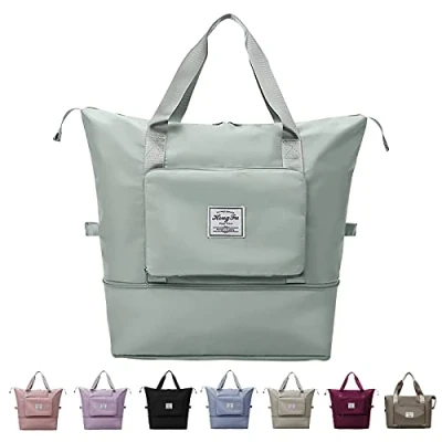 Image of Large Capacity Folding Travel Bag, Portable Foldable Bags Lightweight Waterproof Oxford Fabric Dry and Wet Separation Gym Duffel Shoulder Bag (Green)