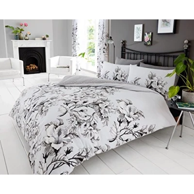 Image of GC GAVENO CAVAILIA Flower Duvet Cover Set, Poly Cotton Botanical Bedding King Size, Soft Comforter Covers, Grey