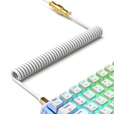Image of XINMENG C02 Coiled Keyboard Cable, TPU Extendable Custom USB C Aviator Type to A, with Detachable Gold Metal Aviation Connector, for Mechanical Gaming Phone Laptop White