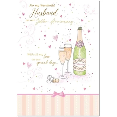 Image of doodlecards Husband Golden 50th Wedding Anniversary Card Champagne Medium Size with Plain Envelope