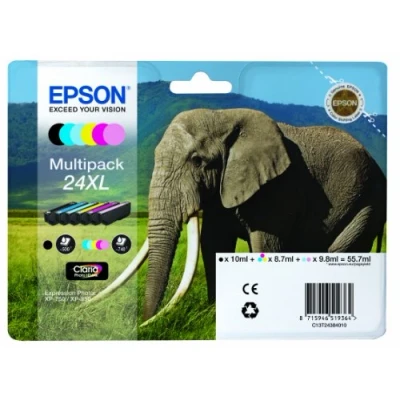 Image of Epson 24XL Elephant High Yield Genuine Multipack, 6 colours Claria Photo HD Ink Cartridges, Black/Yellow/Magenta/Cyan, XL Capacity