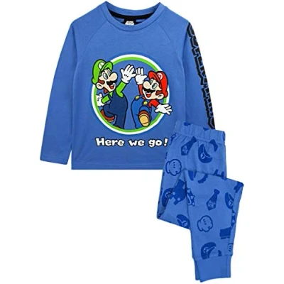 Image of Super Mario Pyjamas For Boys Luigi Long Sleeve Kids Blue T Shirt &amp; Trousers PJS Set Gamer Clothing Merchandise 9 10 Years