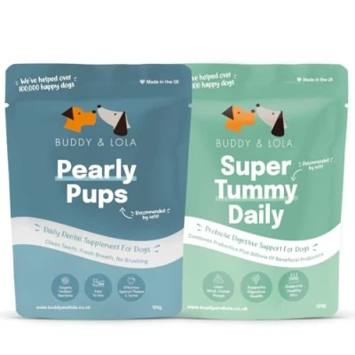Image of Buddy &amp; Lola Probiotic and Dental Bundle for Dogs High CFU Count, Plant Based Dog Probiotics Gut Health Powder with Prebiotics Skin Supplement