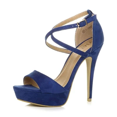 Image of Womens Ladies Platform high Heel Peeptoe Cross Over Strappy Shoes , Cobalt Blue Suede, 7 UK