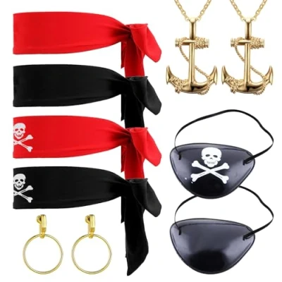 Image of SKHAOVS 10 Pcs Captain Pirate Costume Accessory Set, Accessories,Pirate Bandana Eye Patches, for Halloween Party Accessories (10 PCS)