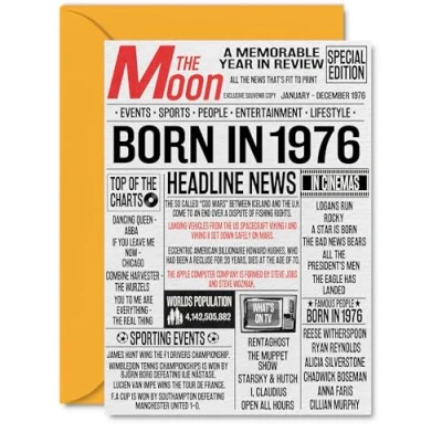 Image of 48th Birthday Cards for Women Men Born In 1976 Newspaper Happy 48 Card Dad Mum Aunt Uncle Vintage Retro Back 1976, A5 Forty Eight Eighth Bday Greeting