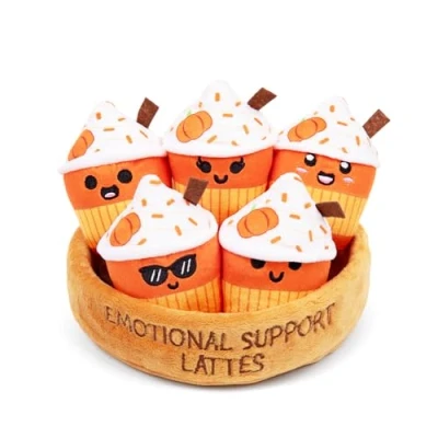 Image of Emotional Support Lattes by Relatable, Fall Plushies Stuffed Animal Toy, Perfect Small Gift for Coffee Lovers, Baskets, and Loved Ones of All Ages, Includes 5 with Carrying Basket