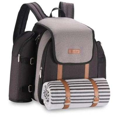 Image of VonShef Picnic Backpack, 4 Person Grey Bag with Full Dining &amp; Cutlery Set, Insulated Cooler Compartment Large Waterproof Blanket, Lightweight Water Resistant Camping Accessories