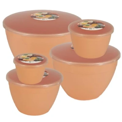 Image of Just Pudding Basins Peach Space Saving Set of Plastic Steam Bowls and Lids 5 Popular Sizes Up To 3 Pints