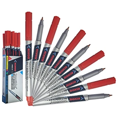 Image of Kores SmoothPlus Permanent Markers, Fine Tip, RED, Pack of 10, CD DVD OHP Multi Marker Pens, Waterproof Ink, PATEL Black Ball Pen