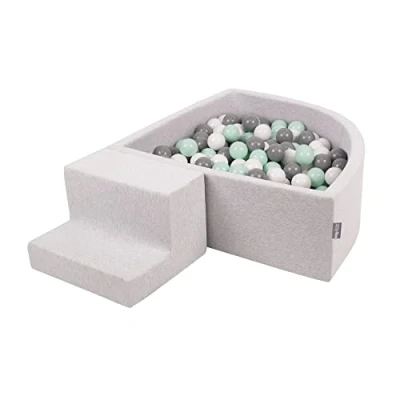 Image of KiddyMoon Foam Playground For Kids With Quarter Angular Ballpit (100 Balls) Obstacle Course, Lightgrey:White/Grey/Mint