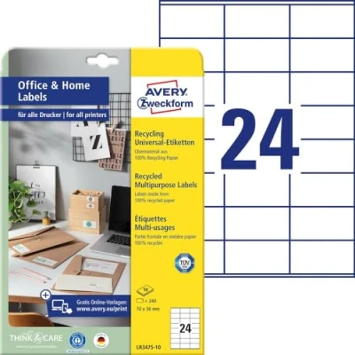 Image of AVERY Zweckform LR3475 10 Recycled Labels (240 Address Labels, 70 x 36 mm on A4, 100% Paper, Printable Self Adhesive Labels), Sheets, Natural White