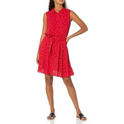 Image of Amazon Essentials Women&#039;s Sleeveless Relaxed Fit Woven Shirt Dress, Red Leafy Floral, XS