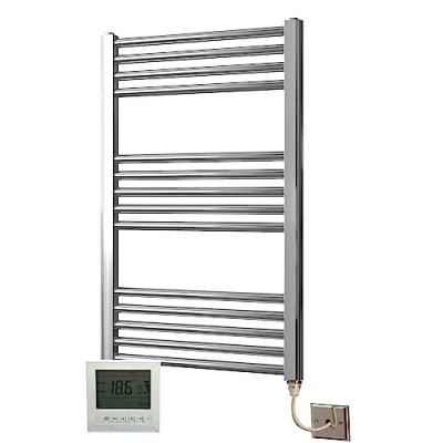 Image of Greened House Extra High Heat Output Chrome Electric Flat Towel Rail 500 x 800mm Bathroom Radiator Heater Up to 26% More + Timer and Thermostat