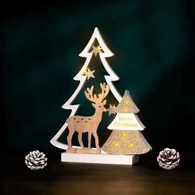 Image of Marco Paul Christmas Wooden Light Up Sign Festive Village Scene with Warm White LED Lights Battery Operated Ornament Decoration (Christmas Tree)
