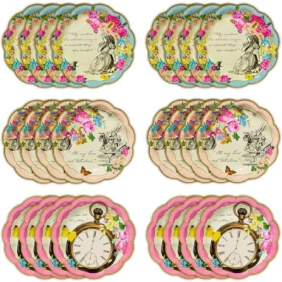 Image of Talking Tables Pack of 24 Alice in Wonderland Themed Disposable Paper Plates Supplies for Mad Hatter Tea Party, Birthday, Baby Shower, Mother&#039;s Day, Multicolor, 18 centimeters