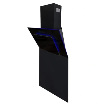 Image of SIA AGE61BL 60cm Black Angled 3 Colour Edge Lit Kitchen Cooker Hood Chimney Extractor Fan &amp; SP60BL Toughened Glass Splashback x 75cm