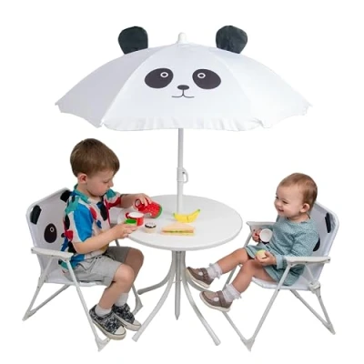 Image of Relsy Panda White Patio Set Kids Garden furniture 4 Piece Bistro Includes Picnic Table, 2x Foldable Chair, Adjustable Parasol Design Outdoor