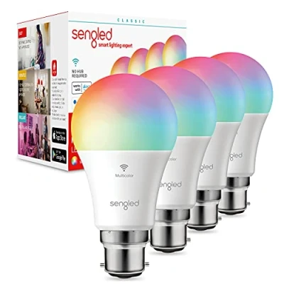 Image of Sengled Smart Bulb Wi Fi Multicolor A60 B22, Alexa Light Bayonet, WiFi Works with Google Home Assistant, Dimmable LED Bulb, Remote Control, 7.8W, 806LM, 4 Pack, W21 U33W4P