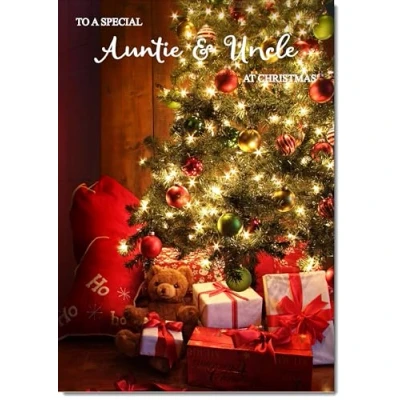 Image of doodlecards Auntie &amp; Uncle Christmas Card Teddy by Tree Medium Size with Plain Envelope