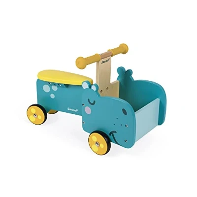 Image of Janod Hippopotamus Wooden Ride On For children Ergonomic Handles and Silent Wheels Storage Compartment Learning Balance from the Age of 1, J08003, Blue Yellow
