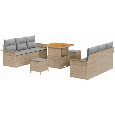 Image of vidaXL 9 Piece Garden Sofa Set with Cushions Beige Poly Rattan Acacia