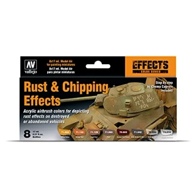 Image of Vallejo Model Air Rust and Chipping Effects Acrylic Paint Set for Brush Assorted Colours (Pack of 8),Black/Brown/Red