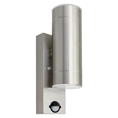 Image of Long Life Lamp Company Outdoor LED Double Wall Light PIR Motion Sensor Cool White Stainless Steel Mains Powered Waterproof ZLC365SEN