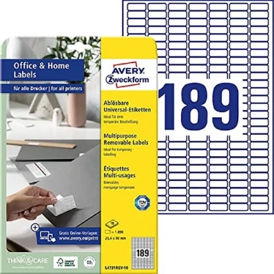 Image of AVERY Zweckform L4731REV 10 Universal Labels (1,890 Adhesive Labels, 25.4 x mm on A4, Removable Without Residue/Removable, Individually Printable, Self Stickers) Sheets, White