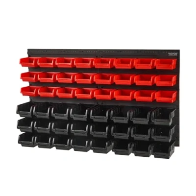 Image of VEVOR Wall Mounted Storage Bins, 48 Bin Parts Rack Organizer Garage Plastic Shop Tool with Panels, for Nuts, Bolts, Screws, Nails, Beads, Buttons, Other Small Parts, Black and Red