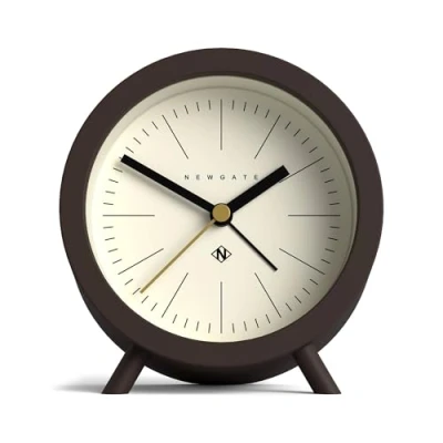 Image of NEWGATE Fred Barrel Alarm Clock &#039;No Tick&#039; Round Retro Analogue No Tick Small Marker Dial Mid Century (Chocolate Brown/White Dial)