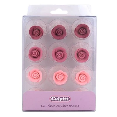 Image of Culpitt Pink Ombre Sugar Roses, 20mm Paste Flower Decorations For Cupcakes, Cakes, Cookies, Valentines, Birthday, Wedding Cake, 12 Piece Single Pack of
