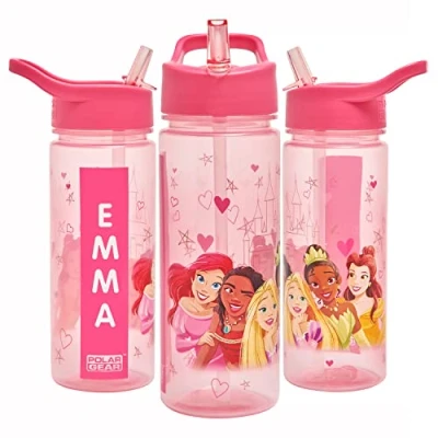 Image of Disney Princess Personalised Sticker Water Bottle with Straw 500mlOfficial Merchandise by Polar Gear, Kids Reusable Non Spill BPA Free Tritan Ideal For School Nursery Sports Picnic Pink